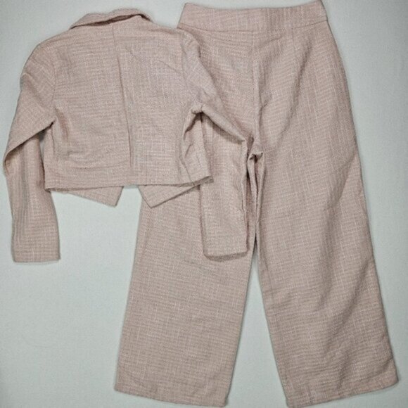 Shein Tweed Two Piece Suit Set Wide Leg Trousers Cropped Blazer Size Medium - Picture 2 of 11